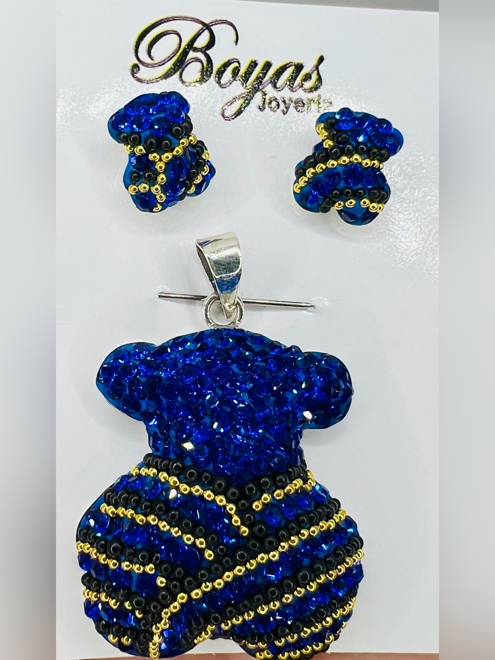 Blue Crystal Bear Pendant and Earrings Set